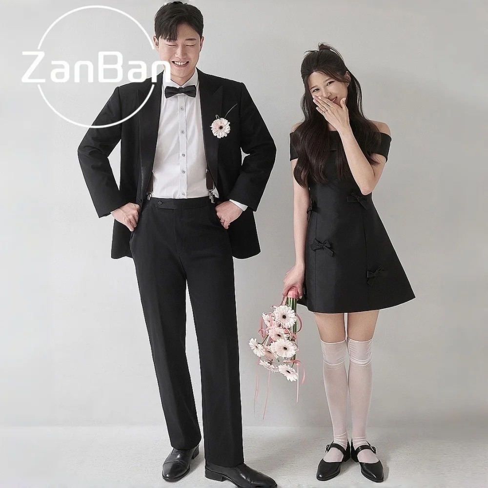 ZanBan Simple Off Shoulder 2026 Black Mini Wedding Dress  A Line Satin Ribbon Women Korea Photoshoot Mini Bridal Gown Customized