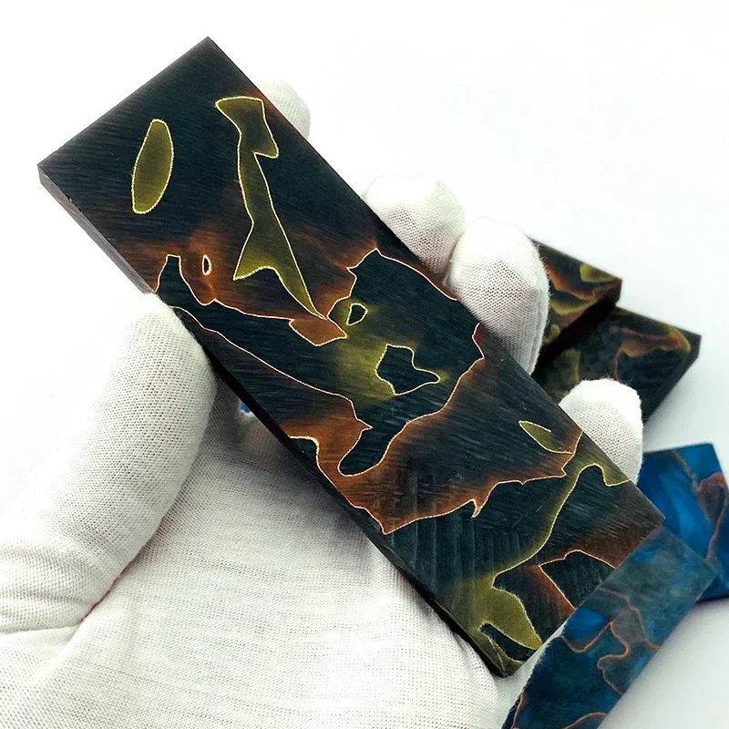 20×40×8mm Copper‑Mesh Infused Resin Handle Blank 1PC, Black & Yellow Resin Scales, DIY Knife Grip Inlay Craft Material
