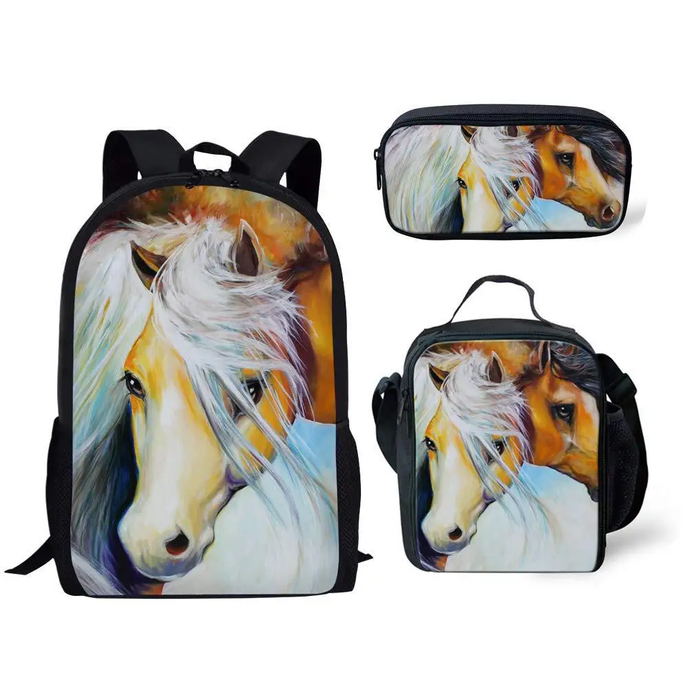 Mochila con estampado de caballos en 3D, bolsa de almuerzo, estuche de lápices, mochila de almacenamiento para Campus de estudiantes, suministros para adolescentes, niños y niñas, bolsa de libros, 3 piezas por juego