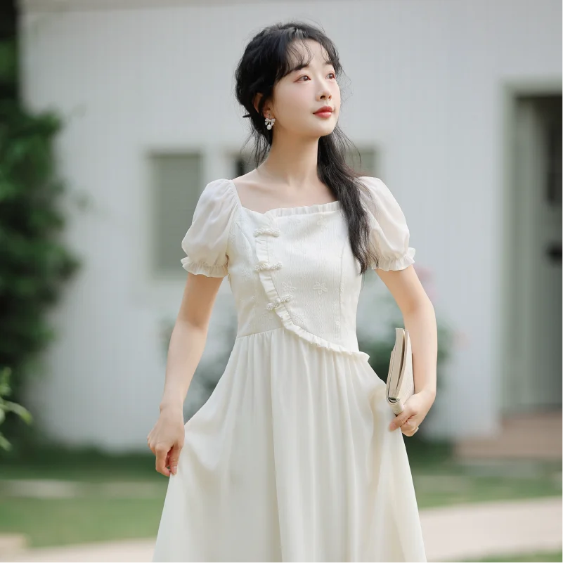 Pan button short sleeved dress for women's summer new French gentle style high-end feeling, small stature sweet long skirt