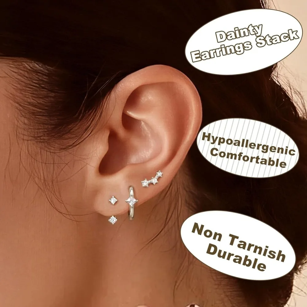 Drperfect 3Pairs Silver Needle Stud Hoop Earrings Set for Women 14K Gold Plated Stacks Dainty Earrings for Multiple Piercings