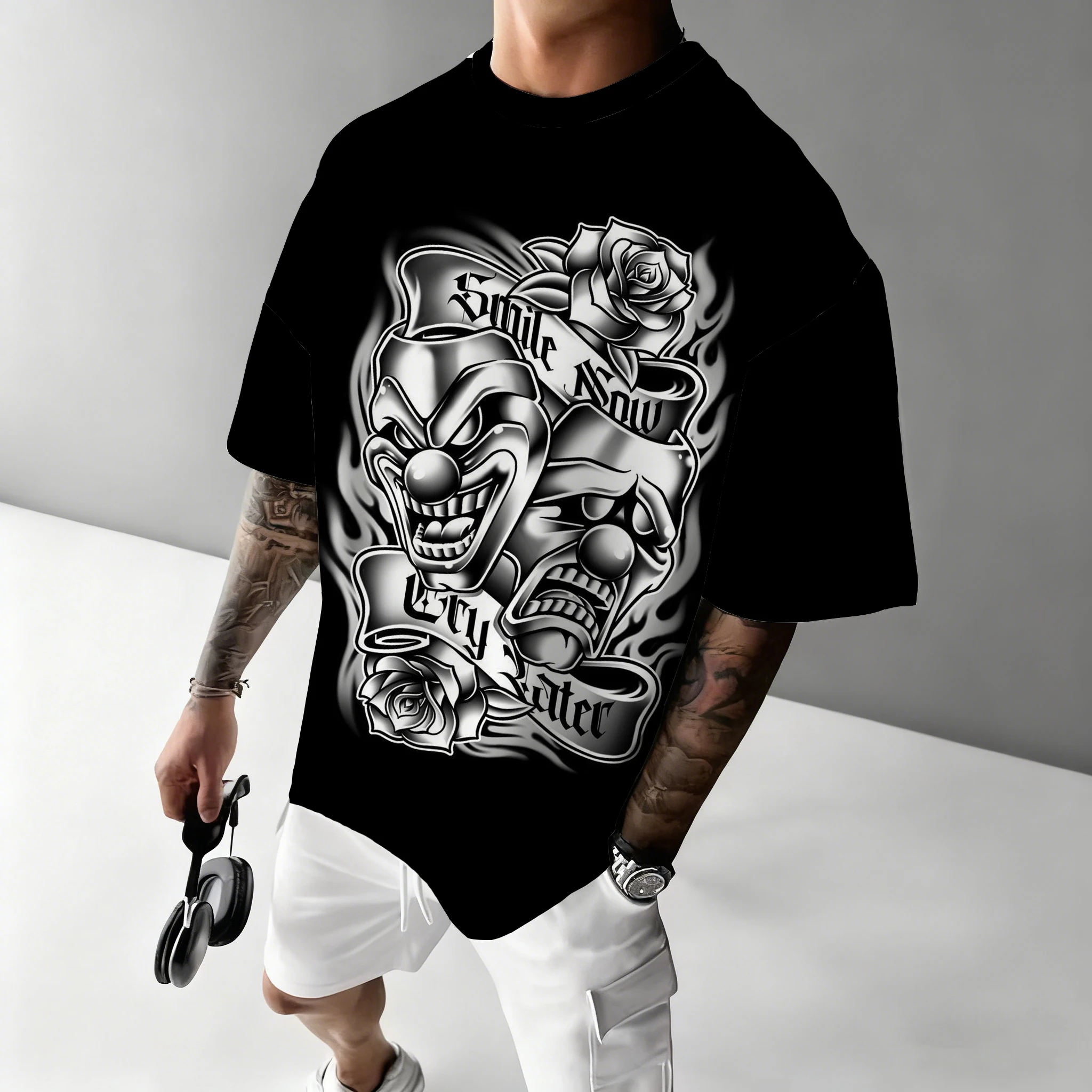 

Men's 100% polyester breathable, casual and loose, scary clown print comfortable round-neck short-sleeved T-shirt