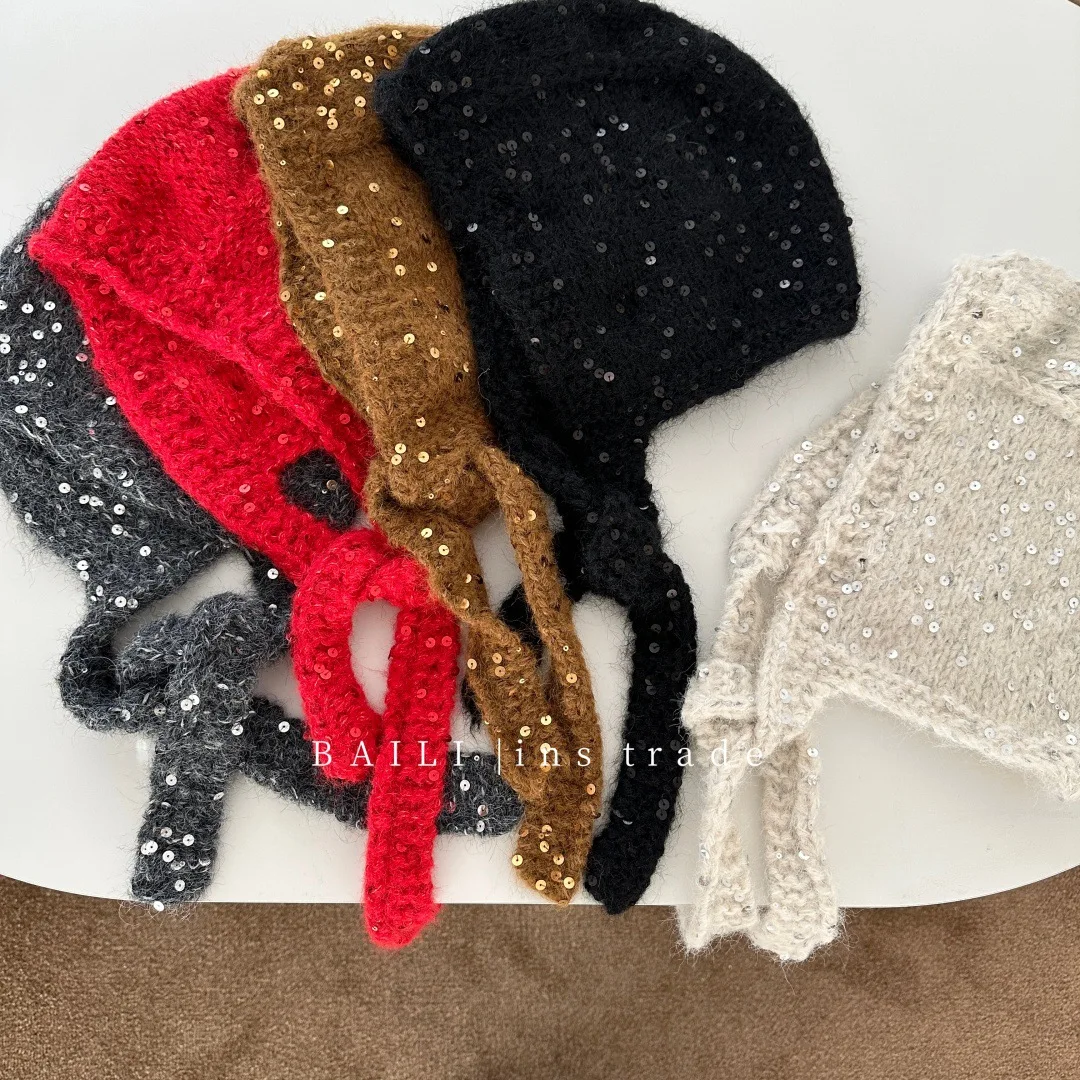 Women Korean Style New Year Vibe Sequin Balaclava Hat Winter Warm Earflap Face Slimming Knit Hat Pullover Beanie Bomber Cap