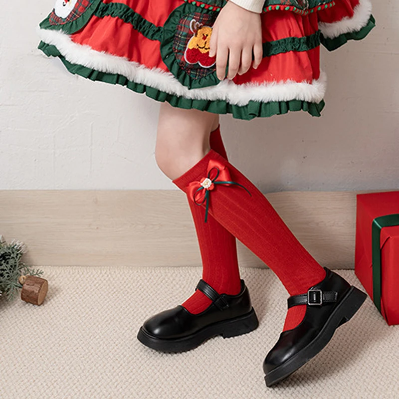 어린이용 크리스마스 양말, 귀여운 나비 매듭, 드레시 니트, 미드 송아지 양말, 어린이 용수철, 가을 공주 양말