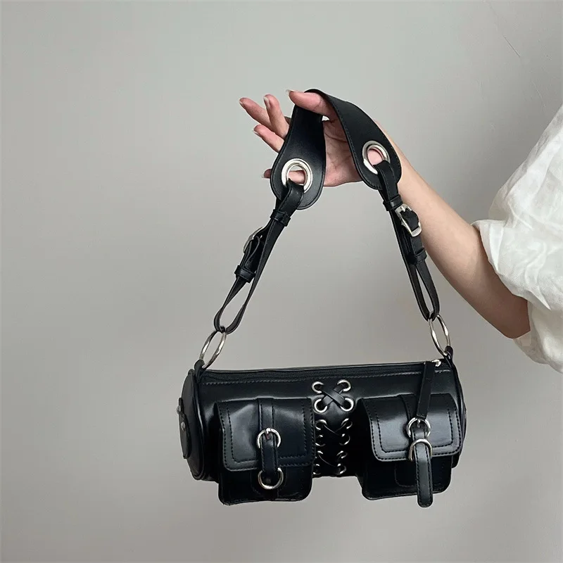 

Vintage Women Cylinder Underarm Bags Black Double Pocket Design Ladies Shoulder Bag Fashion Female PU Leather Handbags 2023 New