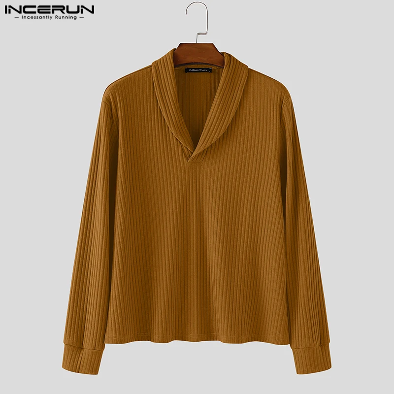 

INCERUN Men Sweater Solid Color Knitted Lapel Long Sleeve Male Pullovers Spring Autumn Streetwear Fashion Casual Men Clothing