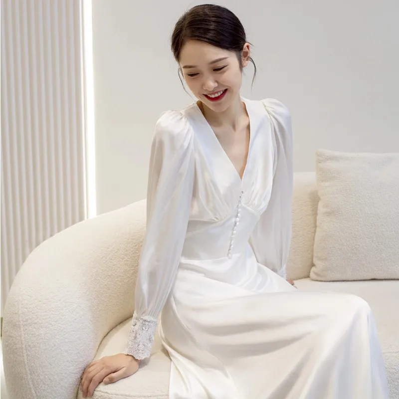 Long SleevesvSimple Collar Travel Photography White Slimming Korean Style Bride Wedding Reception Lace Dress