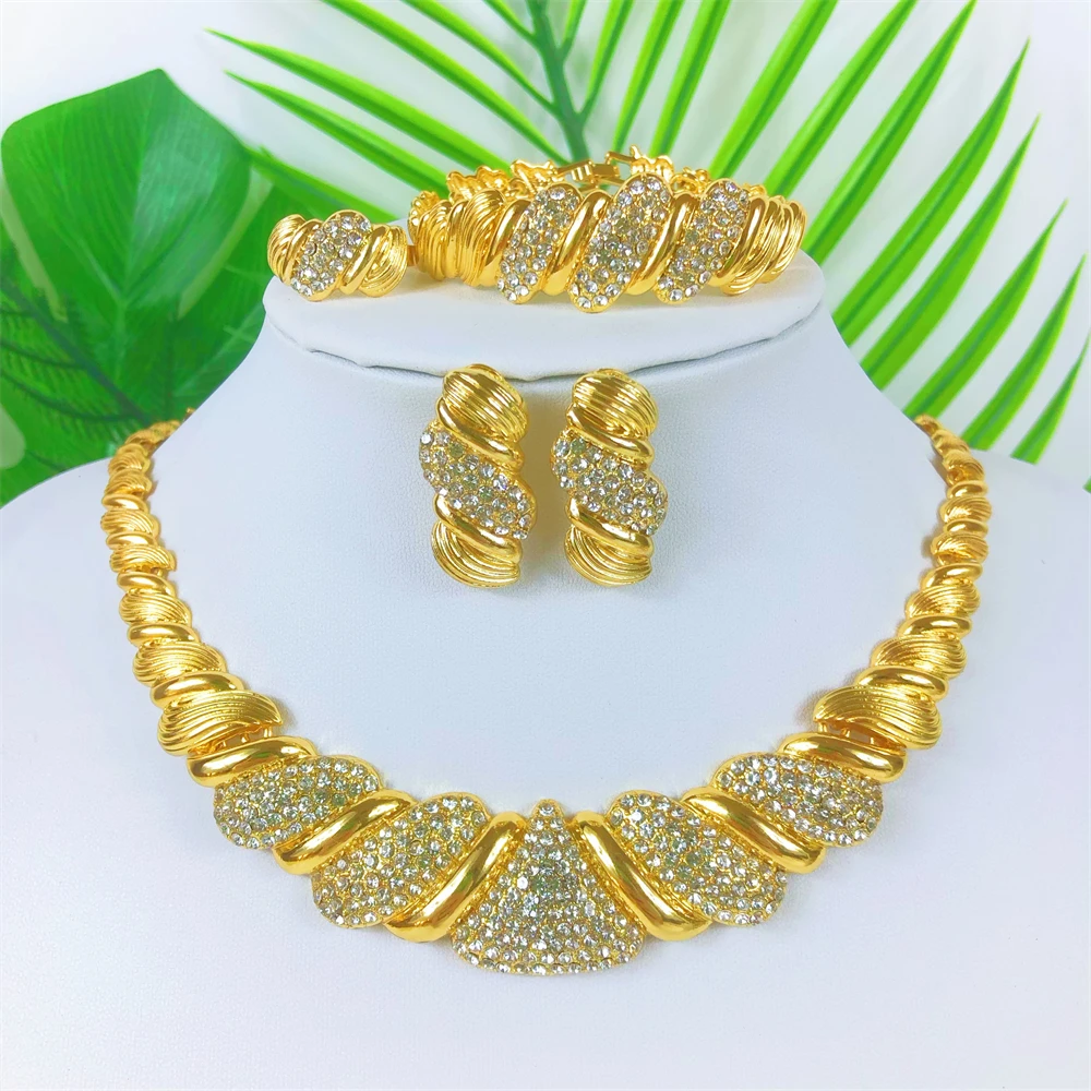 ESALE Trendy Dubai Gold Plated Jewelry Set Italy Ladies Cubic Zirconia Necklace Women Bracelet Earrings African Wedding Jewelry