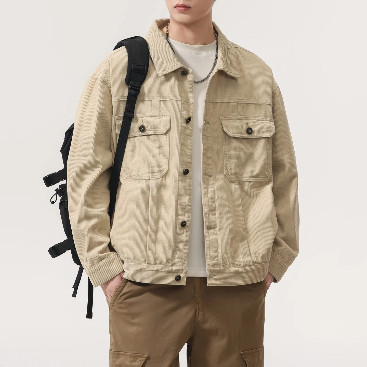100% Cotton Washed Premium Corduroy Turn-Down Collar Jacket for Men Relaxed-Fit Spring/Autumn American Workwear Casual Outerwear