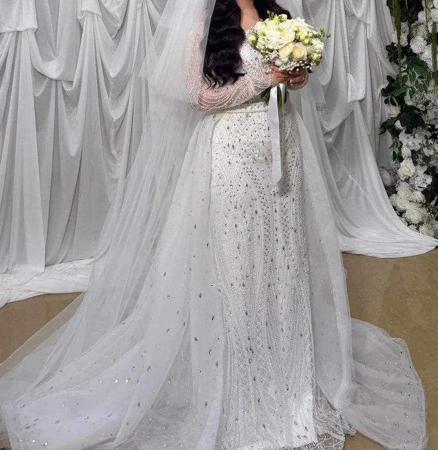 

Luxurious Sparkling Lace Crystal Women's Wedding Dress Square Neck Long Sleeve Church Bridal Dress Vestido De Noiva Customized