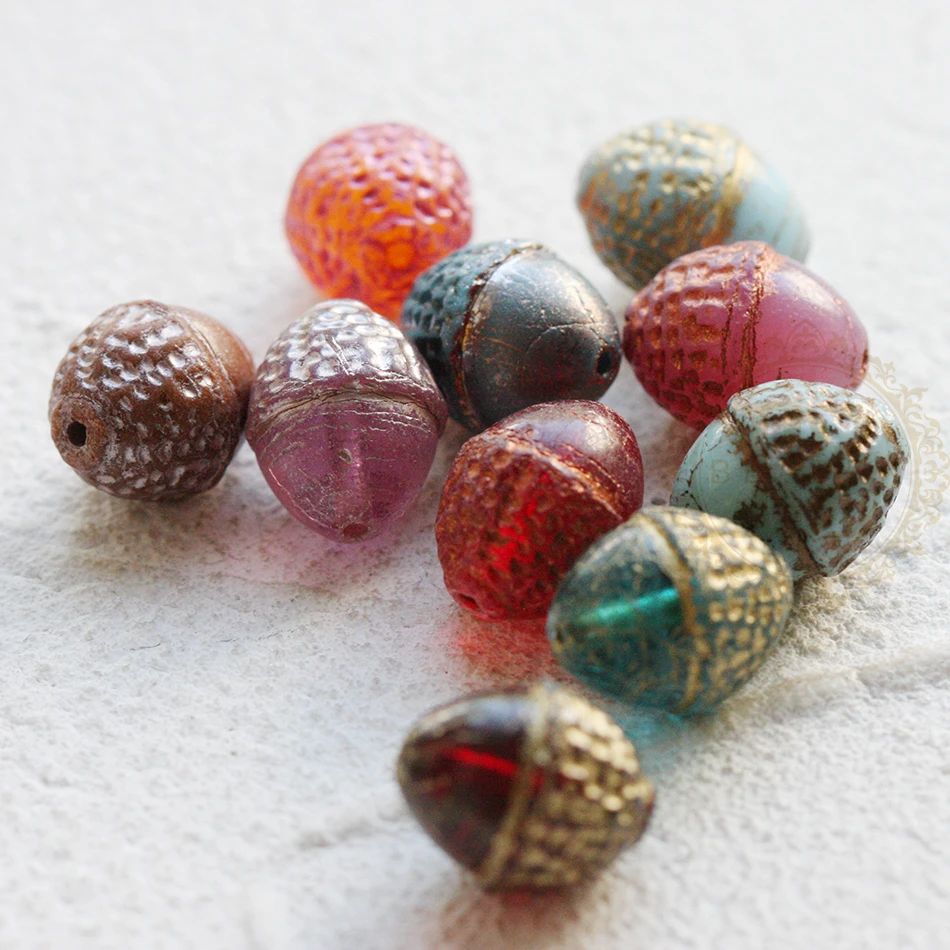 One Piece Czech Aged Glass Acorn Bead - Varies Colors - 12.4x10mm (NVA-28)