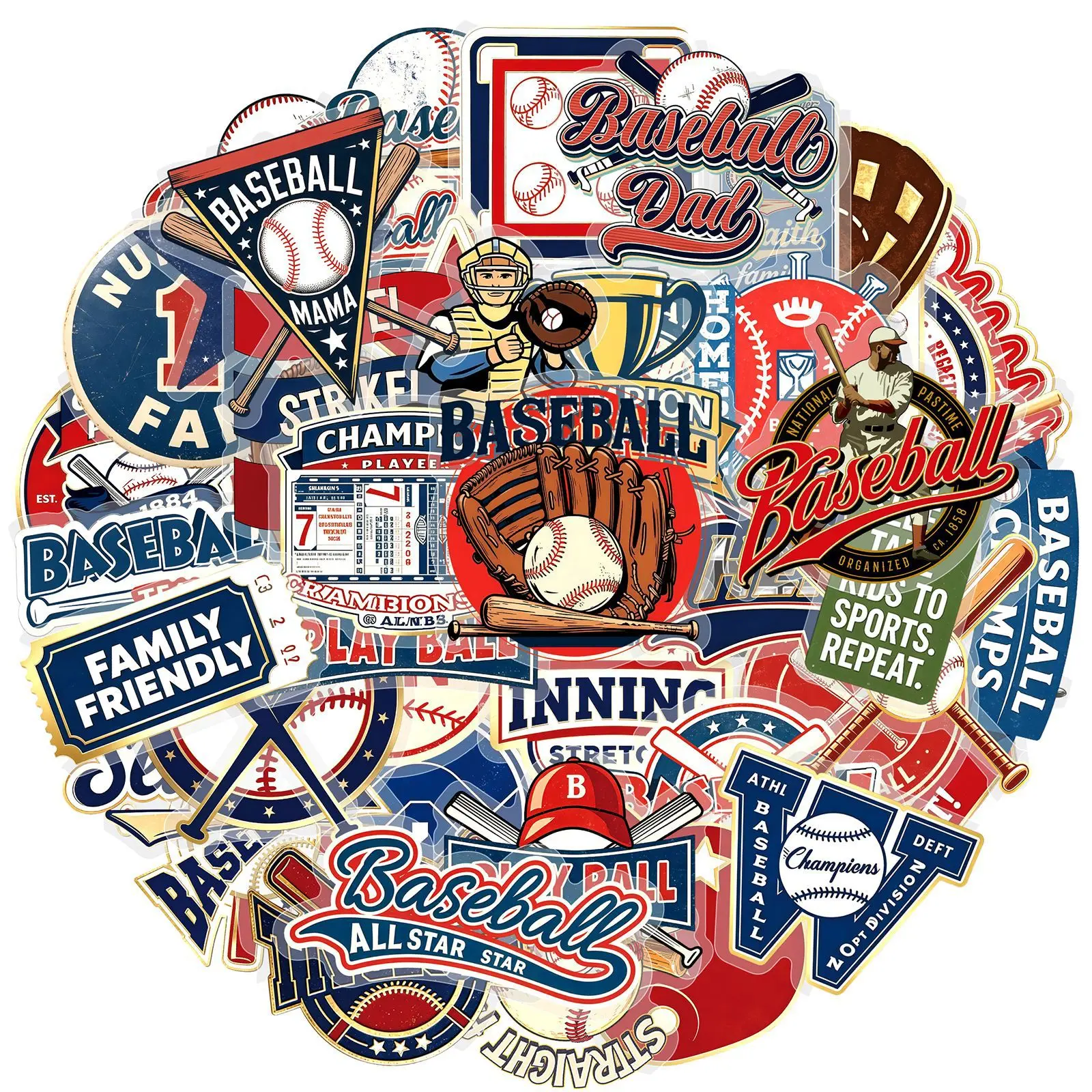 50 PCS American Retro Baseball Sports Theme Stickers Transparent Student Stickers Decorate Luggage Helmet Skateboard Decals