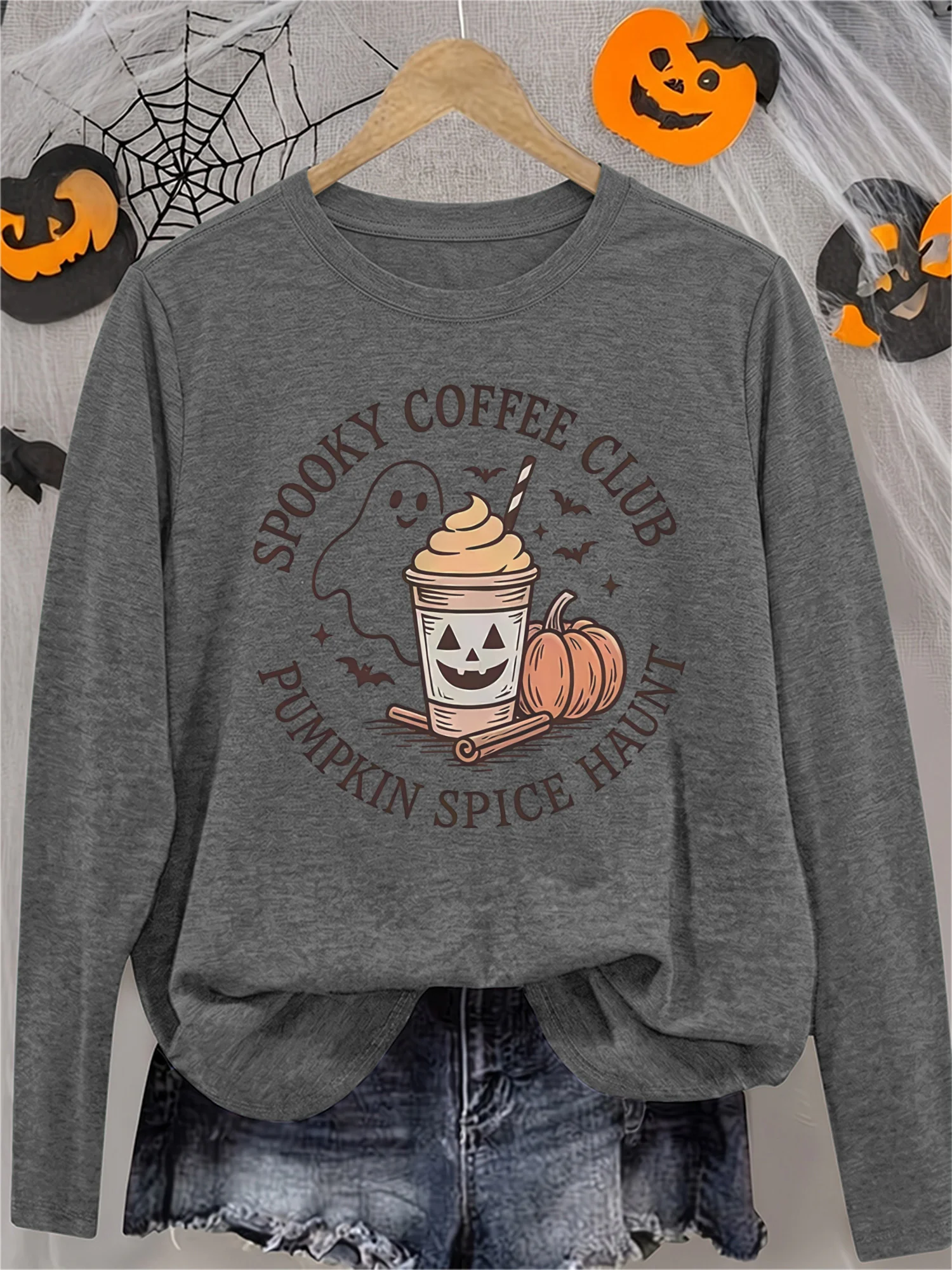 Women's Halloween Long Sleeve Crew Neck Tee with Spooky Coffee Club Ghost Pumpkin Bat Print, Cute Soft Horror Funny Gift, Casual Athletic Vacation Top