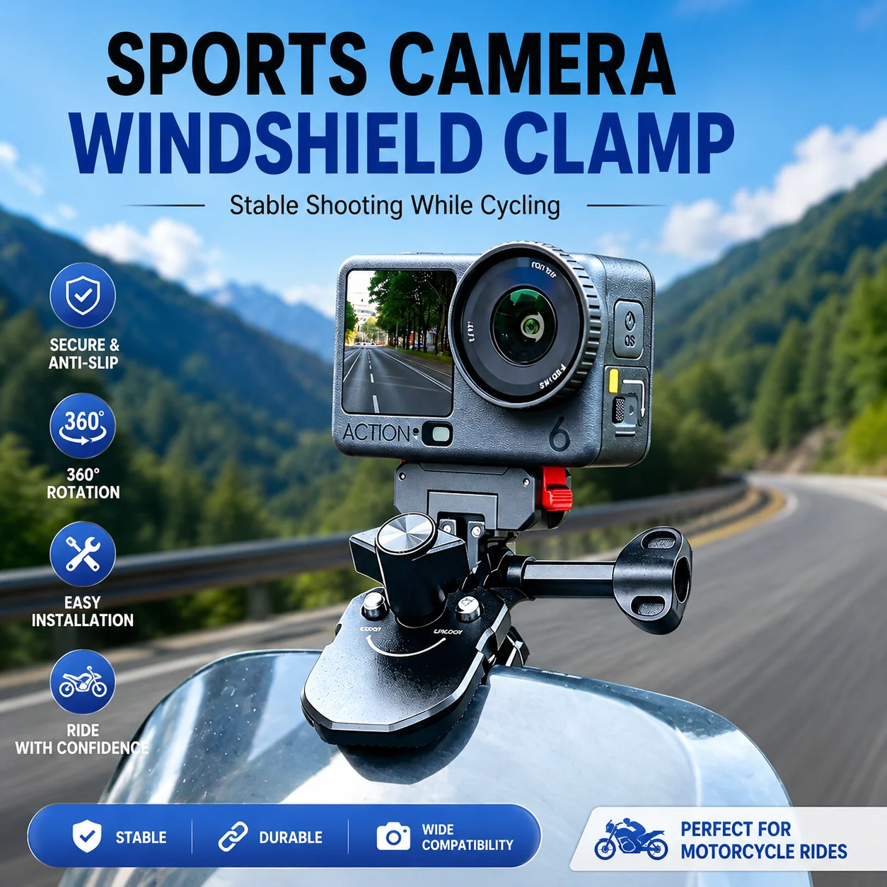 Motorcycle Windshield Clip Holder For GoPro Insta360 Go Ultra DJI Osmo Pocket4/3 Action 6 5 Pro Nano 360 Motorcycle Riding Gear