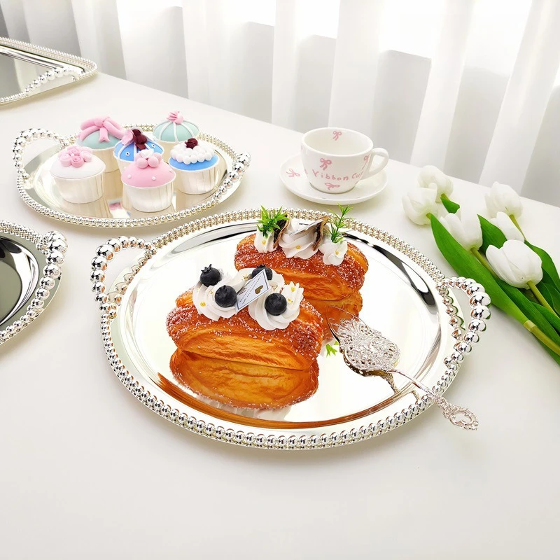 European Style Bead Dot Cake Plate Home Decoration Dessert Fruit Dinner Plate Metal Silver Plated Round Dessert Table Ornament 3