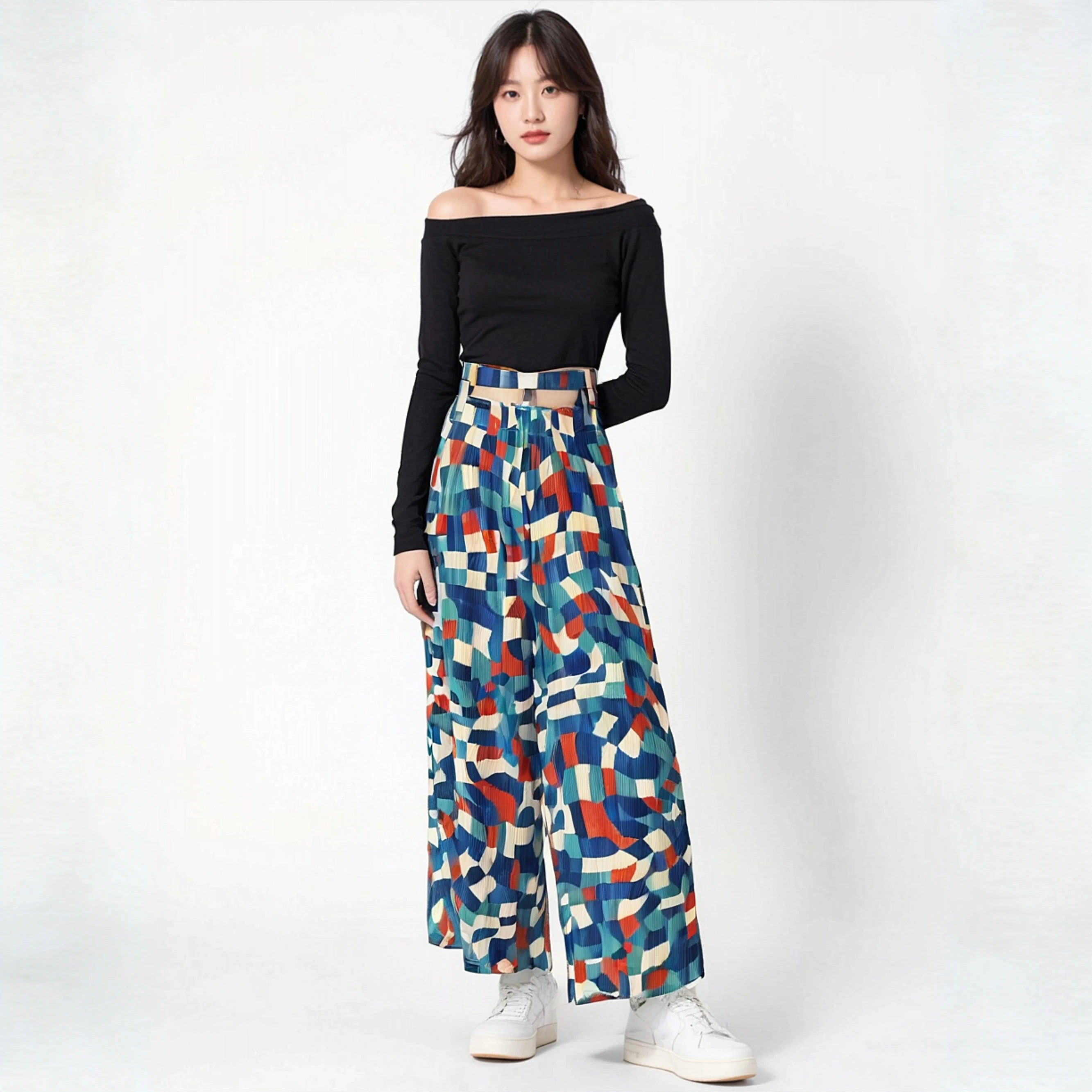 

Miyake Pleated Color Block Contrasting Print Summer New Style Temperament Versatile Slimming Straight Leg Casual Pants for Women