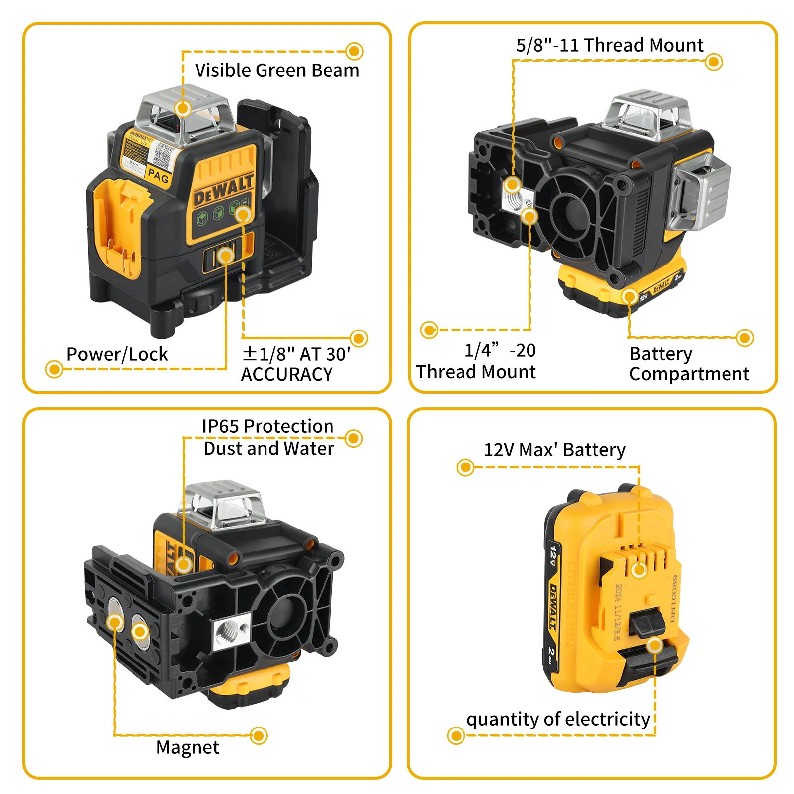 DEWALT DW089LG 12-Line Green Laser Level 360°3 Side Coverage Self Leveling 12V Li-ion High Precision Construction Measuring Tool