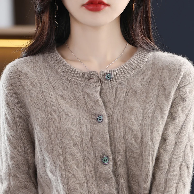 

2023 autumn and winter new round neck 100% pure wool cardigan women retro twist thick sweater wool knitted coat