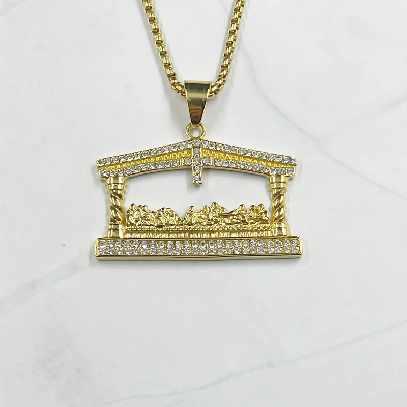 Men's rhinestone Jesus Head Gold color Pendant Necklace Fashion The Last Supper Hip Hop Necklace