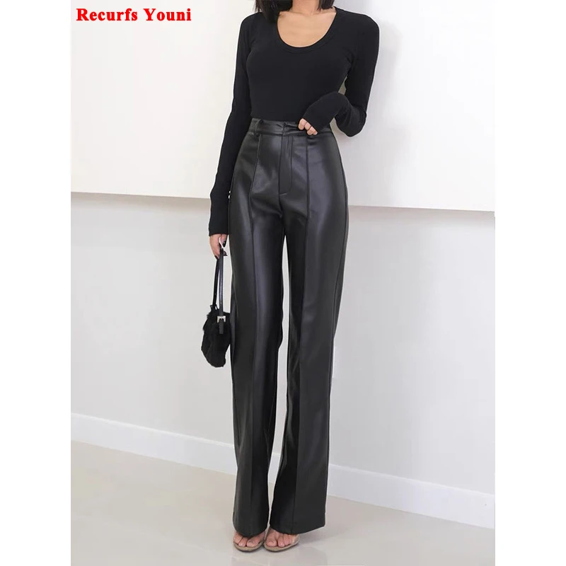 Leather Mopping Pants For Women 2024 Classic Female Straight Pipeline Suit Taller Trousers Mujer Long Legs Casual Slim Pantalons