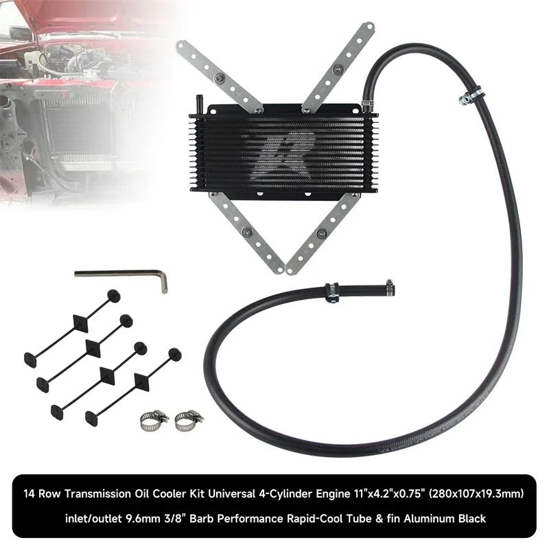 Universal  Tube & fin 14 Row Transmission Oil Cooler Kit 11"x4.2"x0.75" (280x107x19mm) inlet/outlet 9.6mm 3/8" Barb