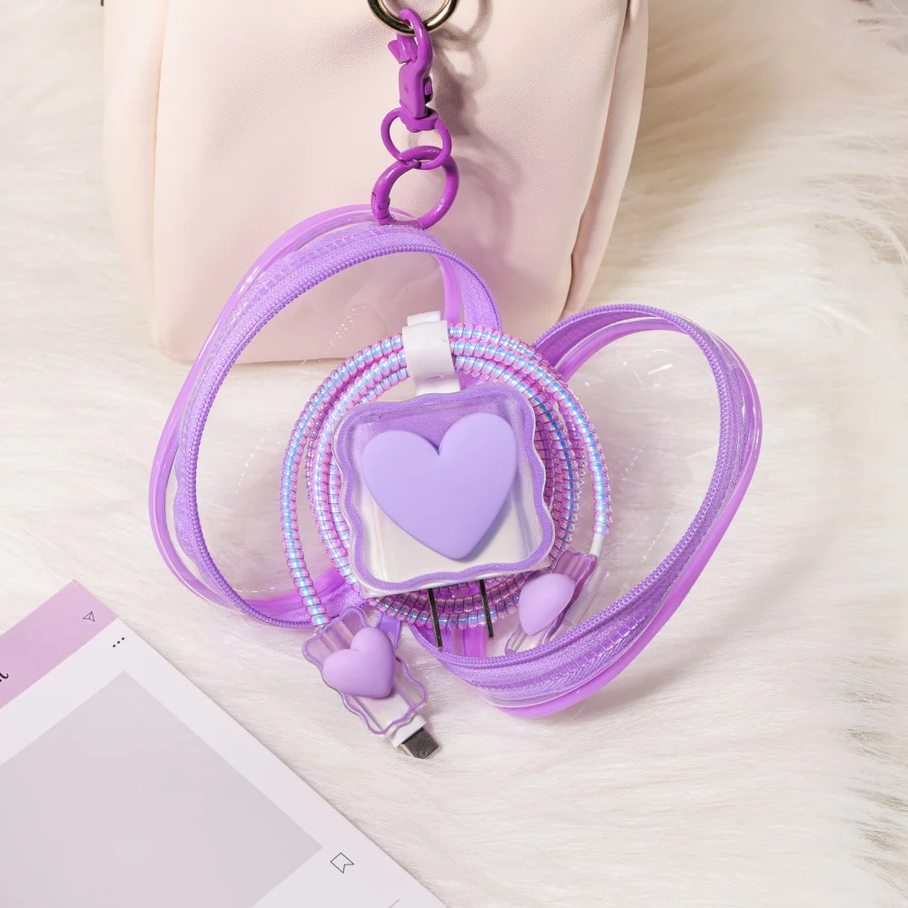 3D Pink Heart Charger Protector Case For iPhone 18w 20w Charger With Portable Clear Storage Bag Earphone Chargers Organizer Case