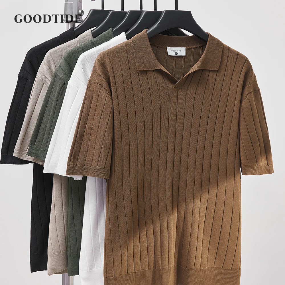 

Luxury Summer Solid Color Casual Polo Shirt Men's Sexy Slim V-Neck Knit Top Men's Striped Short Sleeve Shirt Casual Knit Sweater