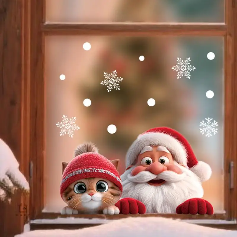Christmas Window Static Clings Removable Reusable Santa Cat Snowflake Stickers for Home Store Xmas Decoration