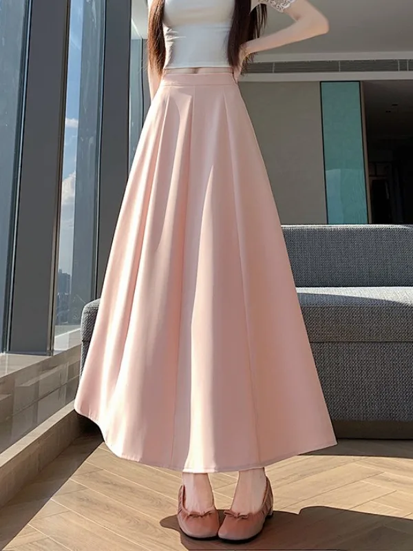 plus Size Women's High Waist A-Line Midi Skirt Korean Style Pleated Slimming Versatile Half-length Umbrella Skirt Long Dress
