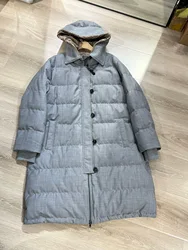 Wool paneled long hooded goose down coat