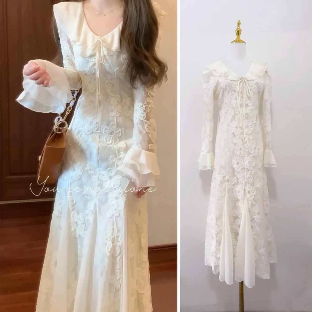

French V-Neck Lace Trumpet Long Sleeved Dress For Women's Spring New Fashion Sweet Flowers Elegant Temperament Long Dress