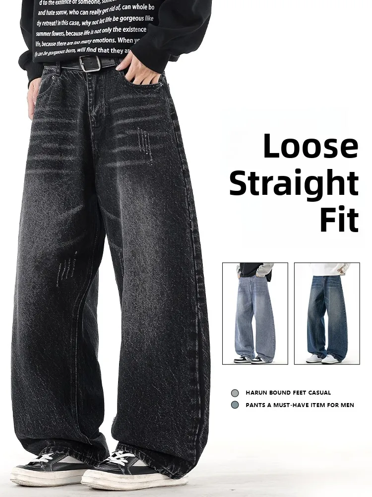 

Мужские джинсы в стиле винтаж, свободного кроя, прямые, осенние, новые, повседневные, спортивные, длинные брюки, широкие штанины