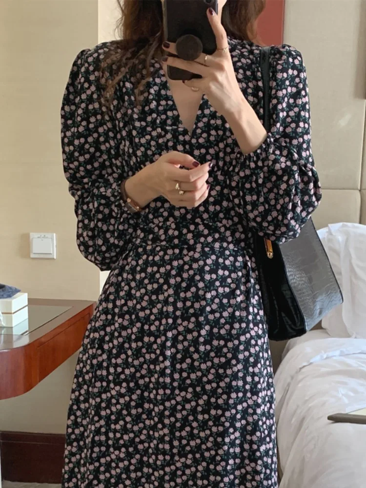 

Ele V-Ne Sa Waist Long Sve с цветочным принтом Dr Chic Autumn Sle для молодых женщин, для поездок на работу, Pure E-Commerce S