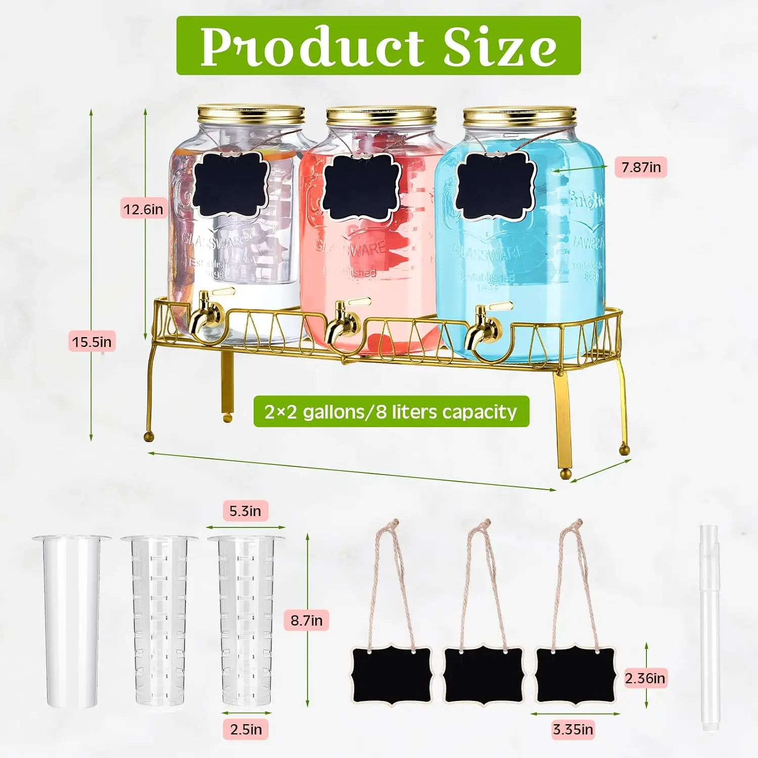 3 Pcs 2 Gallon Glass Drink Dispenser with Stand and Lid Mason Jar Beverage Dispenser with Stainless Steel Spigot, Hanging Chalkboard Signs, (Gold)