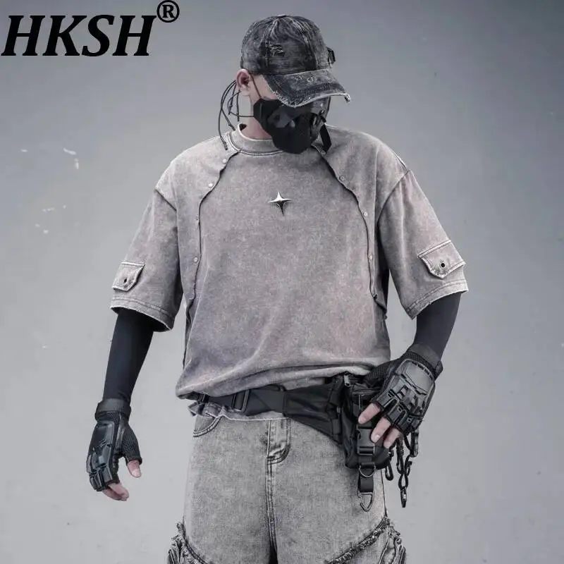 HKSH Spring Aummer New Men Tide Dark Waste Land Vintage Washed Short-Sleeve T-shirt Loose Fit Rivet Cotton Chic Ins Tees HK25272