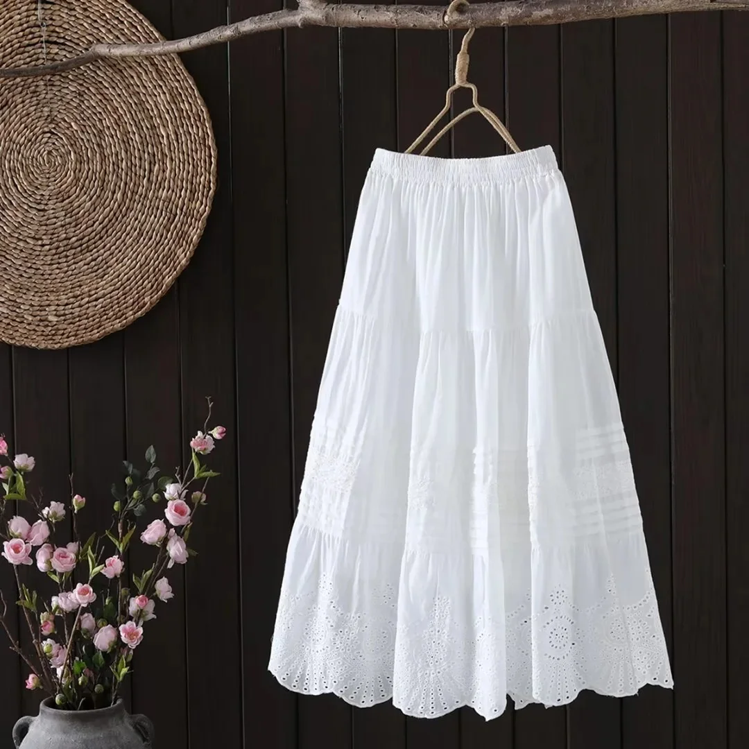 

Women Long Bohemian White Skirts Mori Girls Japan Style Elastic Waist Lace Hollow Out Maxi Skirts 100% Cotton Boho Clothing