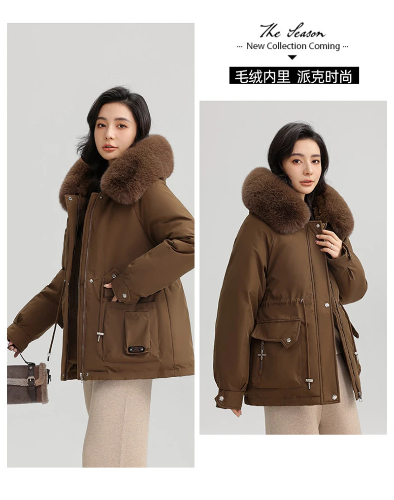 Winter New Warm Down Cotton Jacket with Large Fur Collar Hooded Coat Loose Women Thicken Parker Puffer Overcoat Casual Wear