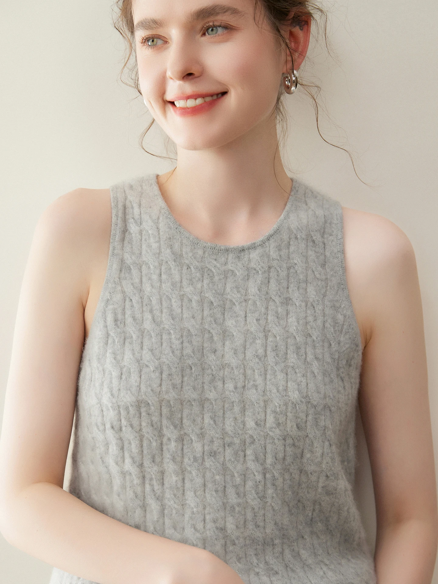 

00% Pure Camere Vest Women's round Ne Svel Knitted Commute Base irt Twist Pattern Texture Camere Sweater