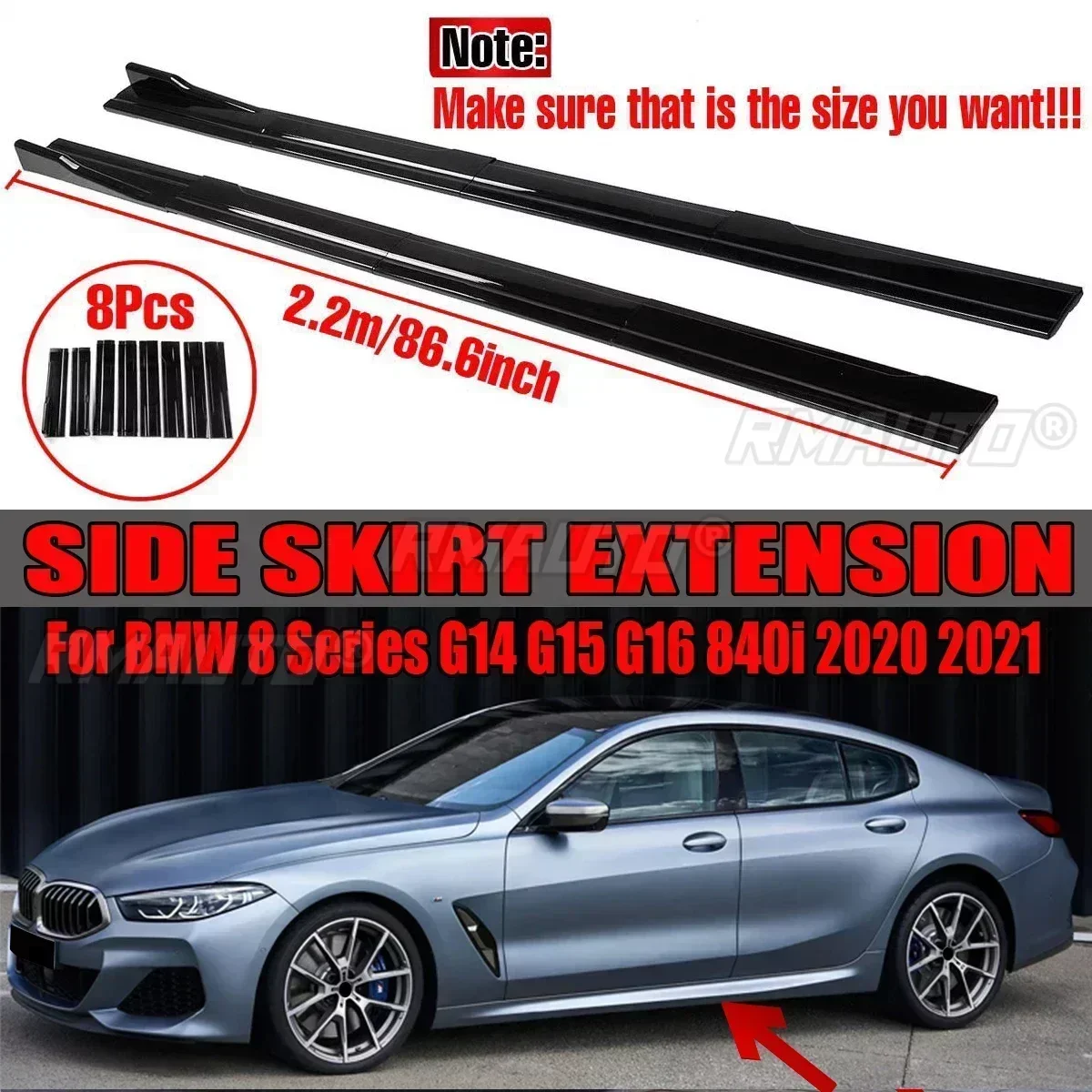 ABS 2.2m Side Bumper Skirts Extension Rocker Splitters Diffuser Winglet Wings For BMW 8 Series G14 G15 G16 840i 2020 2021