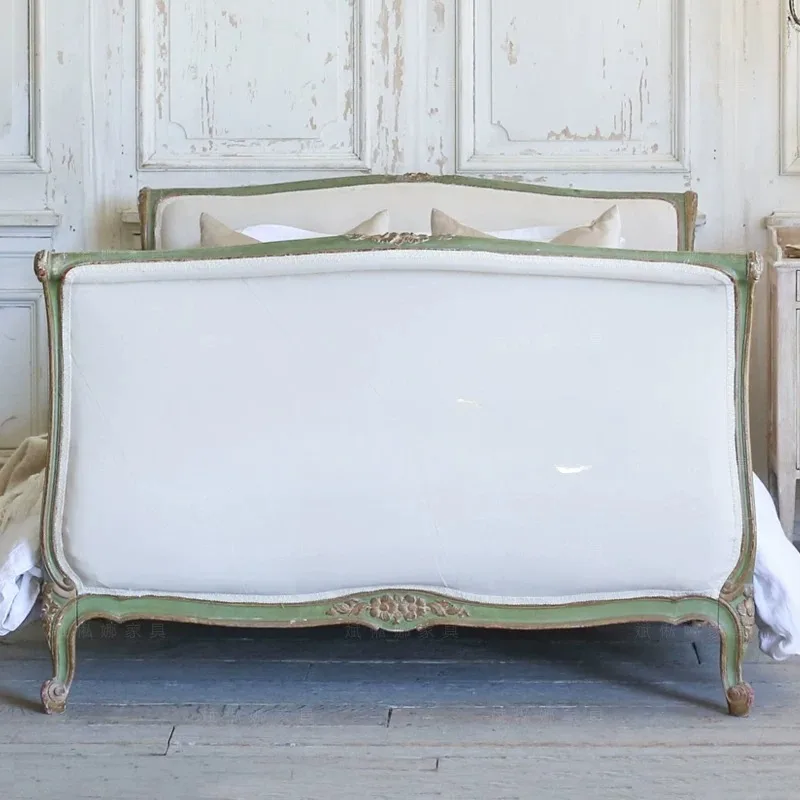 American rural double bed fabric soft bed retro solid wood carving flower bed master bedroom marriage  can be customized