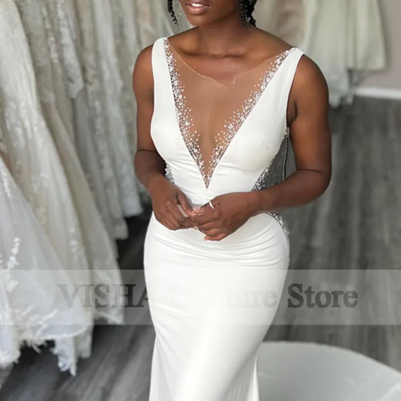 2022 African Beading Mermaid Wedding Dress Sleeveless Illusion Wedding Gowns Custom Made Black Bride Vestido de noiva