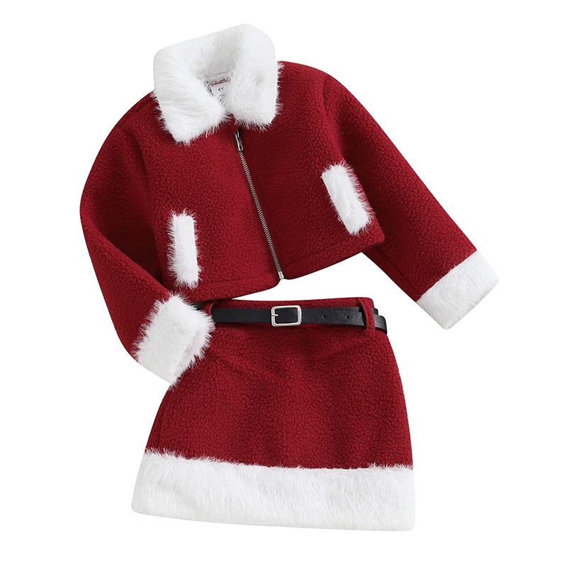 Kids Girls Christmas Outfit Furry Patchwork Long Sleeve Zipped Jacket with Skirt and Belt Winter Outfit 2pcs Set