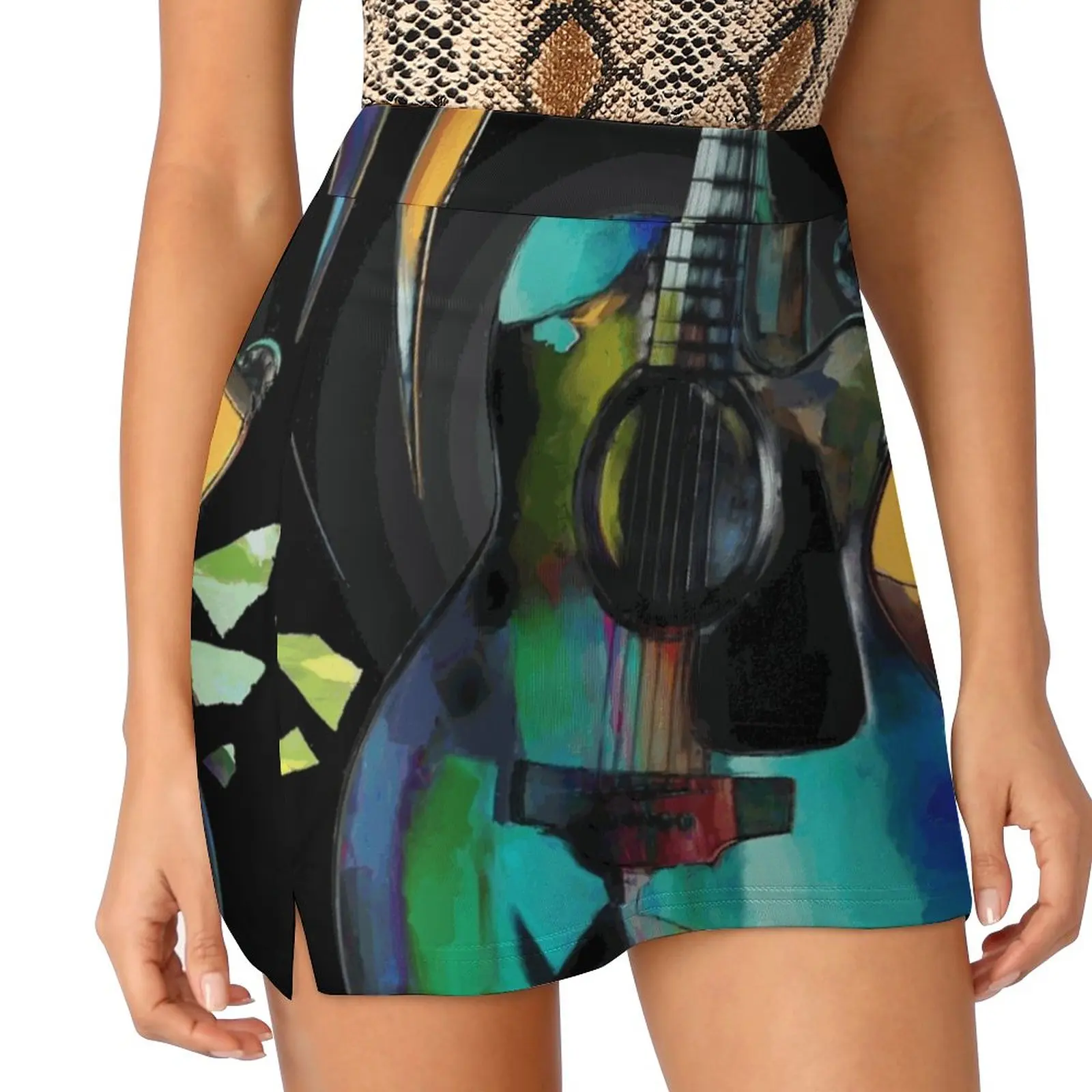 Music In Colour Women's skirt Mini Skirts A Line Skirt With Hide Pocket Guitar Acoustic Guitar Electric Guitar Abstract Music