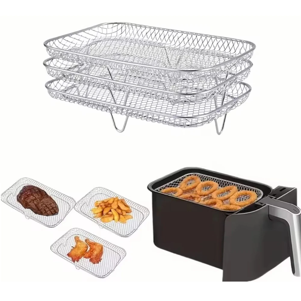 1/3Layer Stainless Steel Air Fryer Accessories Stackable BBQ Grill Rack Food Frying Basket Multipurpose for Baking Cooking Tool