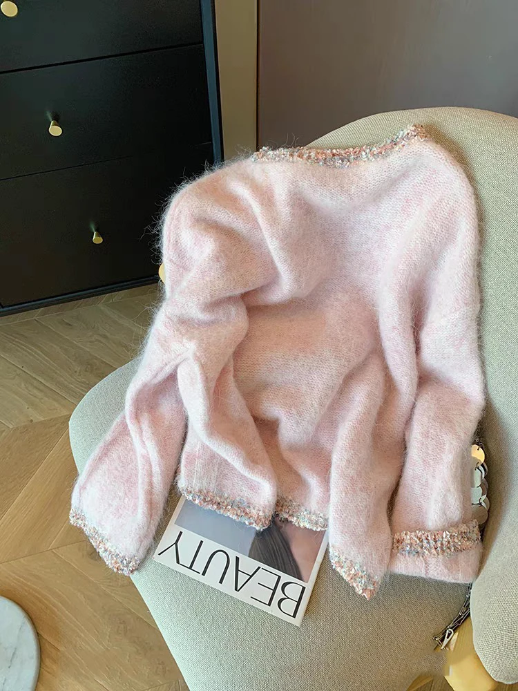 Fashion Lazy Wind Wool Knitted Sweater Autumn and Winter Casual Loose Heavy Industry Diamond-encrusted Pullover Sweaters Women