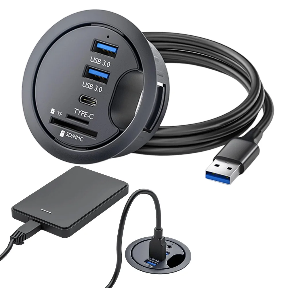 /Black /Flush /Mounted USB 3.0 Hub With For For SD TF Card Reader For Desktop PC Cable Organizer And Data Transfer Grommet Hole