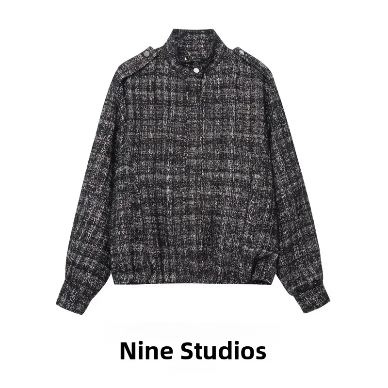 メタルカラーの糸構造のルーズハイカラーパイロットジャケットアウター NINE ZAR レディースカジュアルスタイル長袖ジッパー