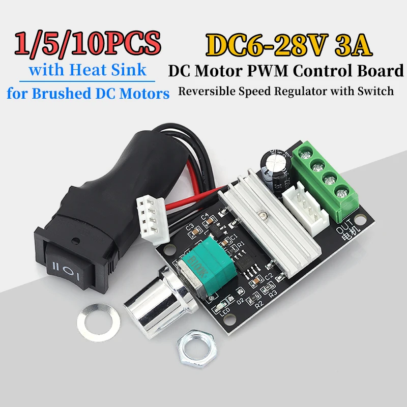 1/5/10PCS DC Motor PWM Control Board 6V 12V 24V 28VDC 3A 80W Adjustable Variable Speed Reversible Speed Regulator with Switch