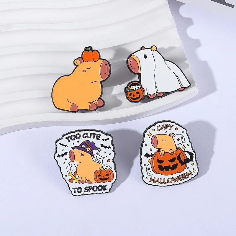 Capybara Pumpkin Skull Ghost Bat Enamel Pins Capy Halloween Too Cute To Spook Brooches Clothes Lapel Badge Jewelry Accessories