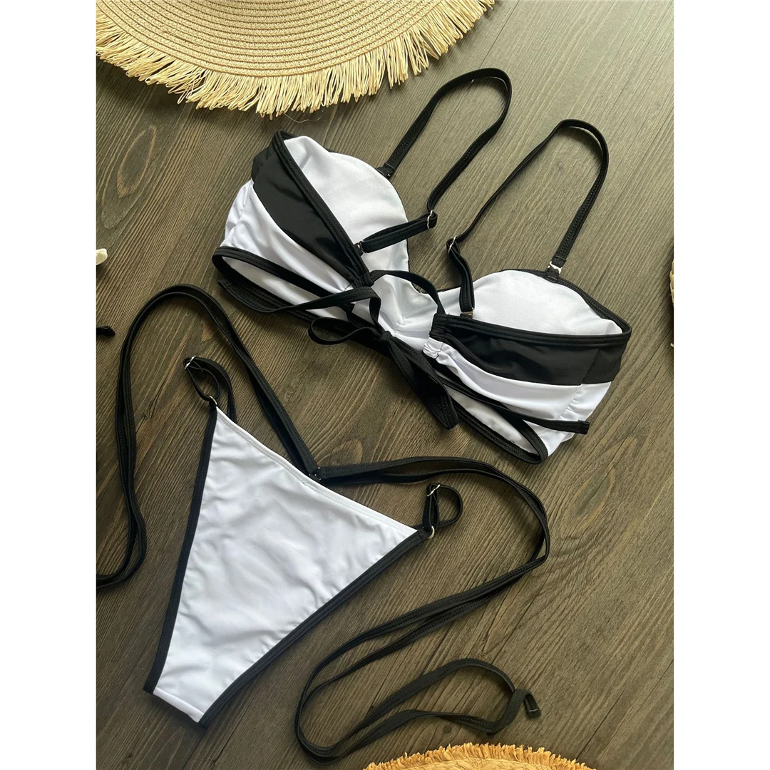 Splicing High-Cut-Bikini, Damen-Badeanzug, zweiteiliges Bikini-Set, mit Trägern, gepolstert, Badebekleidung, Badeanzug, Modell V8347 – Detail 5